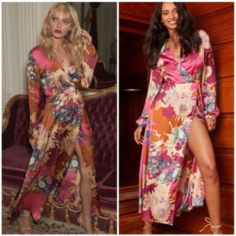 Lulu's Floral Burgundy Wrap Dress in Pink and Orange